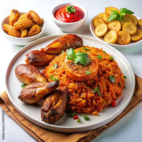 Delicious Red Rice with Plantain and Fried Chicken