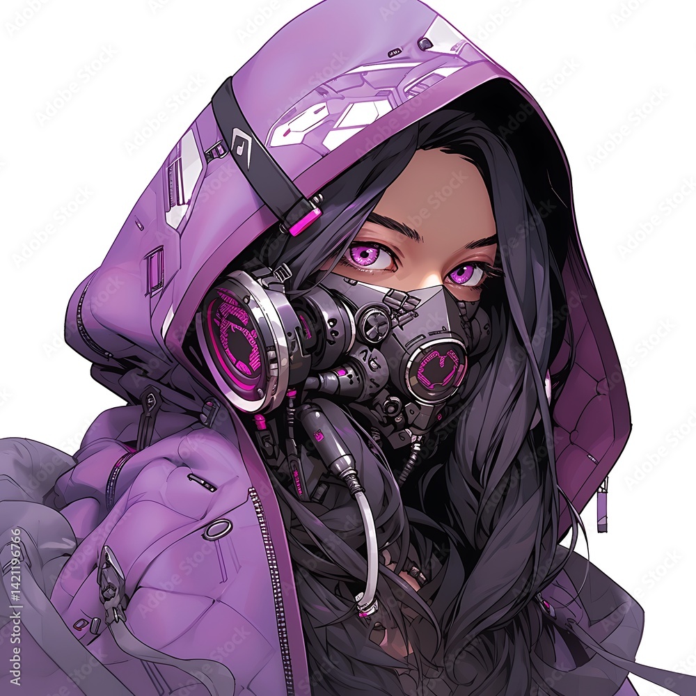 Young Woman In Purple Hoodie And Mask With Futuristic Cyberpunk Style