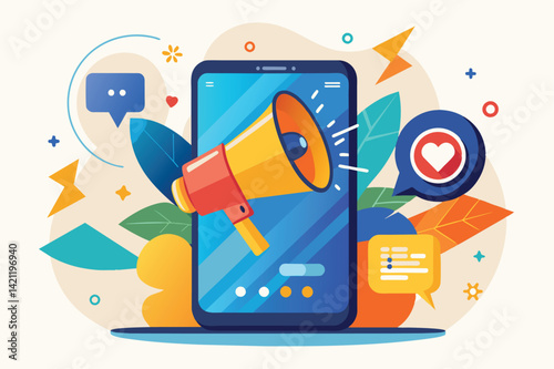 Colorful illustration of digital marketing featuring a smartphone, megaphone, and social media icons depicting communication and promotion strategies.