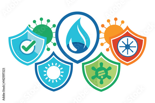 Graphic representation of virus protection and immunity through colorful shield icons, symbolizing safety and security in health.
