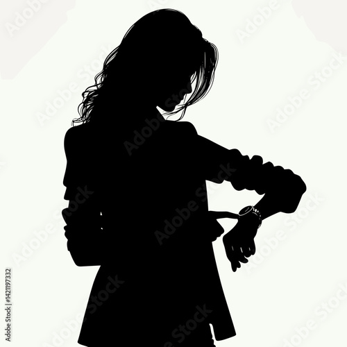 Woman silhouette checking watch in smart outfit on plain background