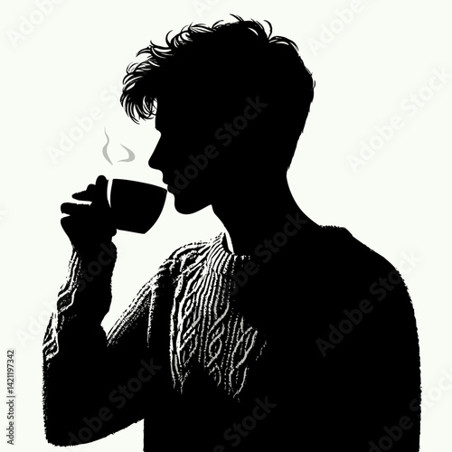 Man silhouette sipping coffee in cozy casual style on plain background