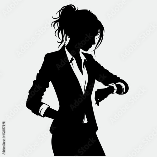 Woman silhouette checking watch in smart casual attire on plain background