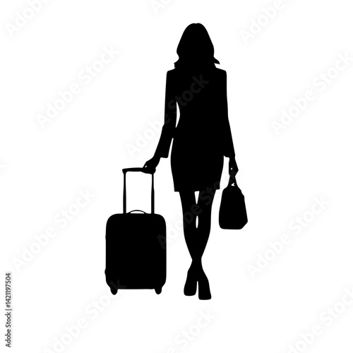 Woman silhouette walking with suitcase and handbag on plain background