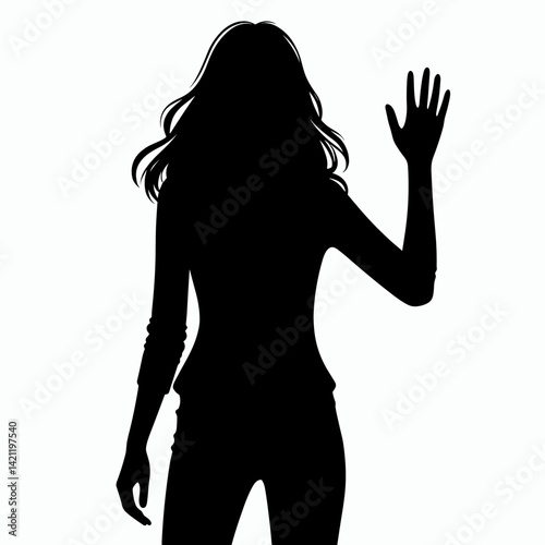 Woman silhouette waving goodbye on plain background