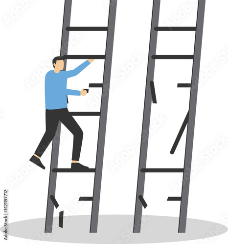 Obstacles in the career path. Businesswoman climbs on damaged stairs stock illustration


