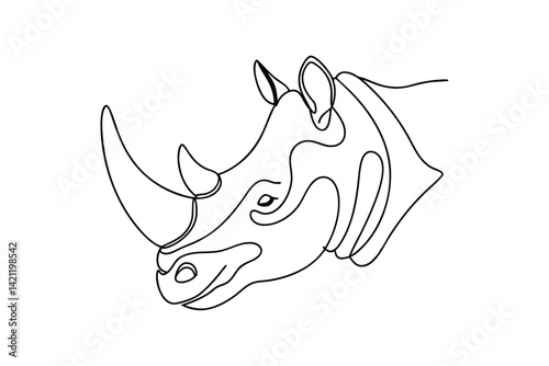 Minimalist rhino head in continuous line art style isolated on white background for wildlife design