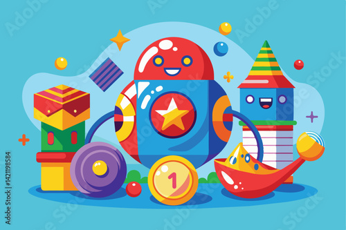 Vibrant illustration of a cheerful cartoon robot surrounded by playful shapes and toys on a blue background.