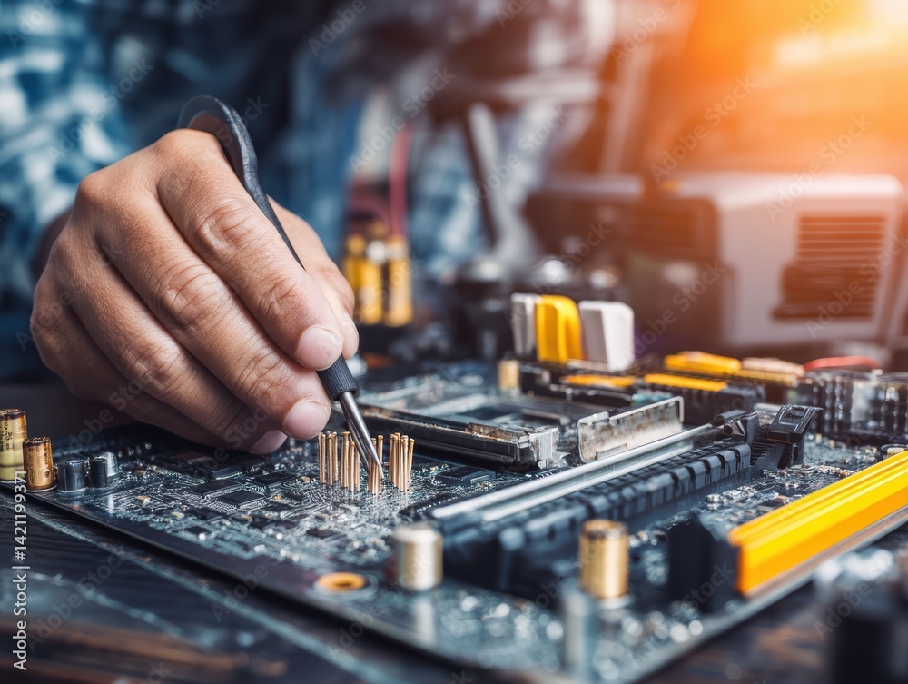Technician repairing circuit board workshop closeup image technical environment detailed view high fidelity concept Technician repairing circuit board workshop closeup image technical environment detailed view high fidelity concept