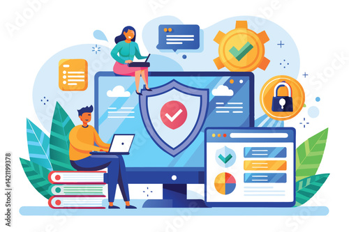 Illustration showcasing digital security with shield, technology devices, and icons representing protection and privacy in a colorful design.