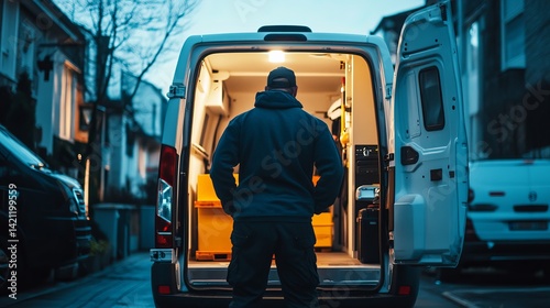 Worker standing in his delivery van at dusk, preparing for evening deliveries in a residential neighborhood.