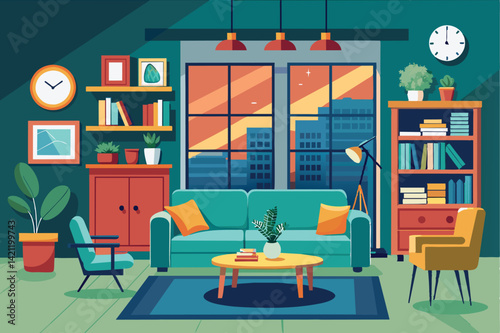 Illustration of a cozy living room featuring modern furniture, vibrant colors, and a sunset city view through large windows.