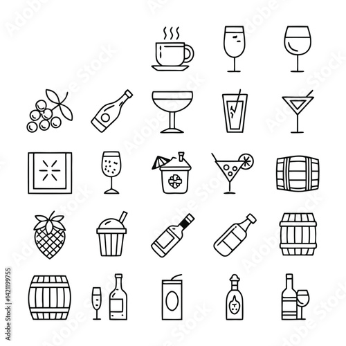 Alcoholic Drinks Outline Icon Set – 23 Linear Style Vector Illustrations with Editable Stroke for Bar, Beverage, and Party Design