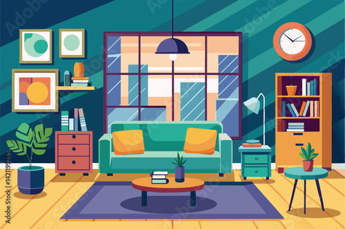Illustration of a modern living room showcasing contemporary furniture, vibrant decor, and natural lighting through large windows, creating a cozy and stylish atmosphere.