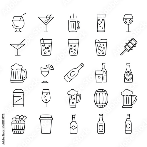 Bar and Alcohol Icon Pack – 25 Clean Line Style Drink Vector Illustrations for Web, Mobile App, and Print Design