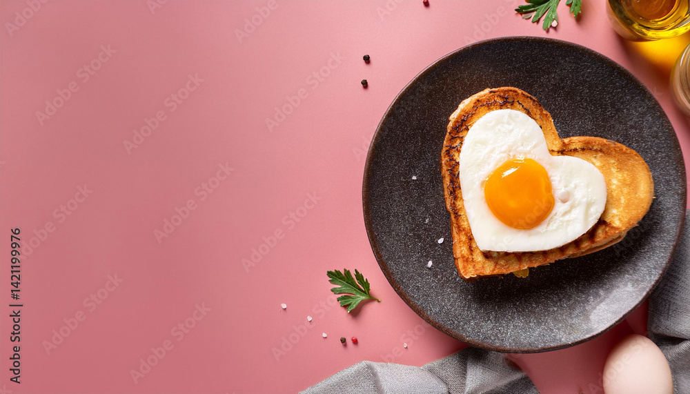 Heart-shaped grilled toast with fried egg on pink. Romantic breakfast Valentine's Day. Crispy bread