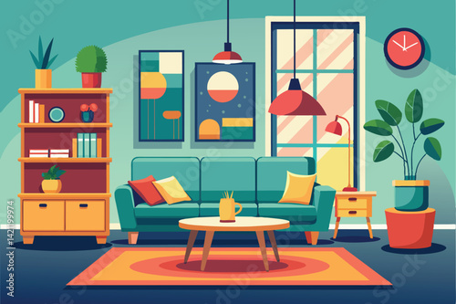 Contemporary living room featuring elegant furniture, vibrant art, and lush greenery, creating a cozy and inviting atmosphere with modern design aesthetics.