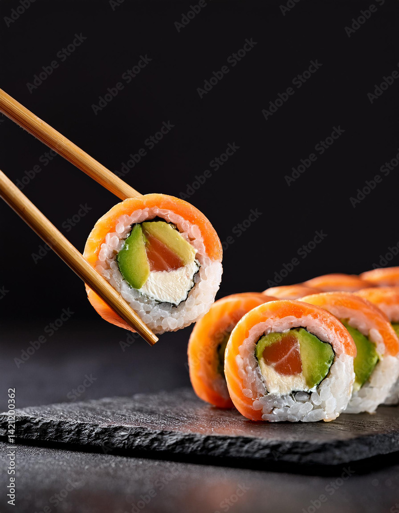 Fresh sushi rolls with salmon, avocado and rice held by chopsticks. Traditional Japanese cuisine