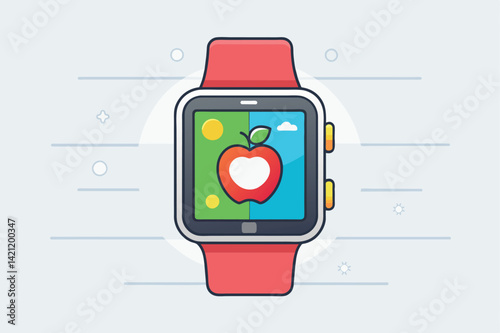 Illustration of a smartwatch with a vibrant screen displaying an apple icon symbolizing health and technology integration.