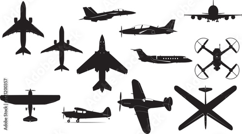 Black vector silhouettes of various airplanes including commercial jets, private planes, military aircraft, and vintage biplanes in simple clean design on white background