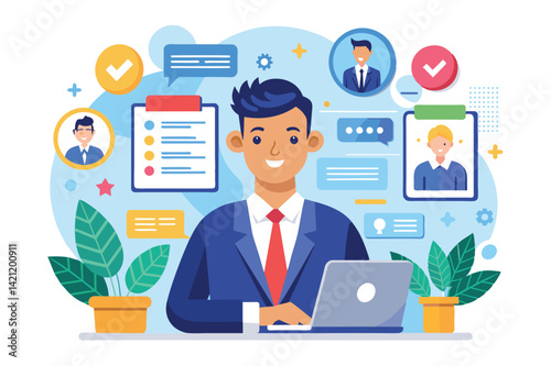 Illustration of a business professional working on a laptop with digital elements representing communication and teamwork in a modern office setting.