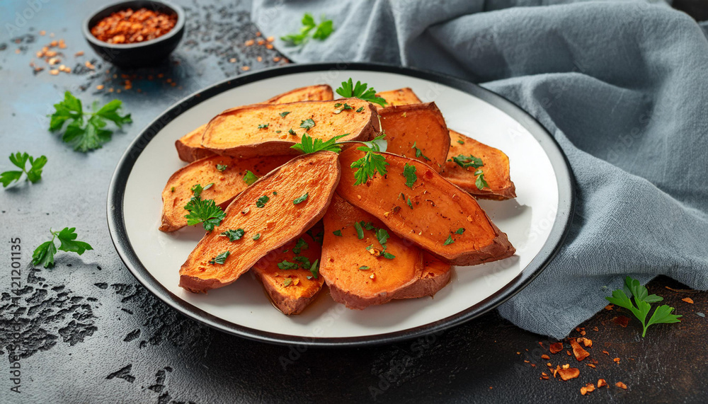 Tasty roasted sweet potatoes with greens and spices on plate. Culinary concept. Vegetarian food