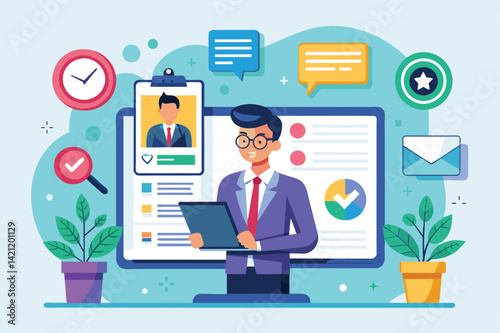 Illustration of a professional businessman using digital technology and analytics to manage and visualize data effectively. Represents innovation, success, and modern business practices.