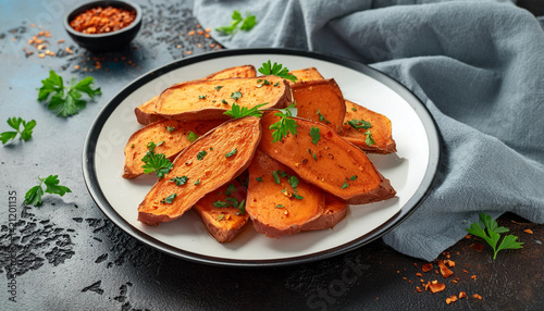 Obraz na płótnie Tasty roasted sweet potatoes with greens and spices on plate. Culinary concept. Vegetarian food w salonie