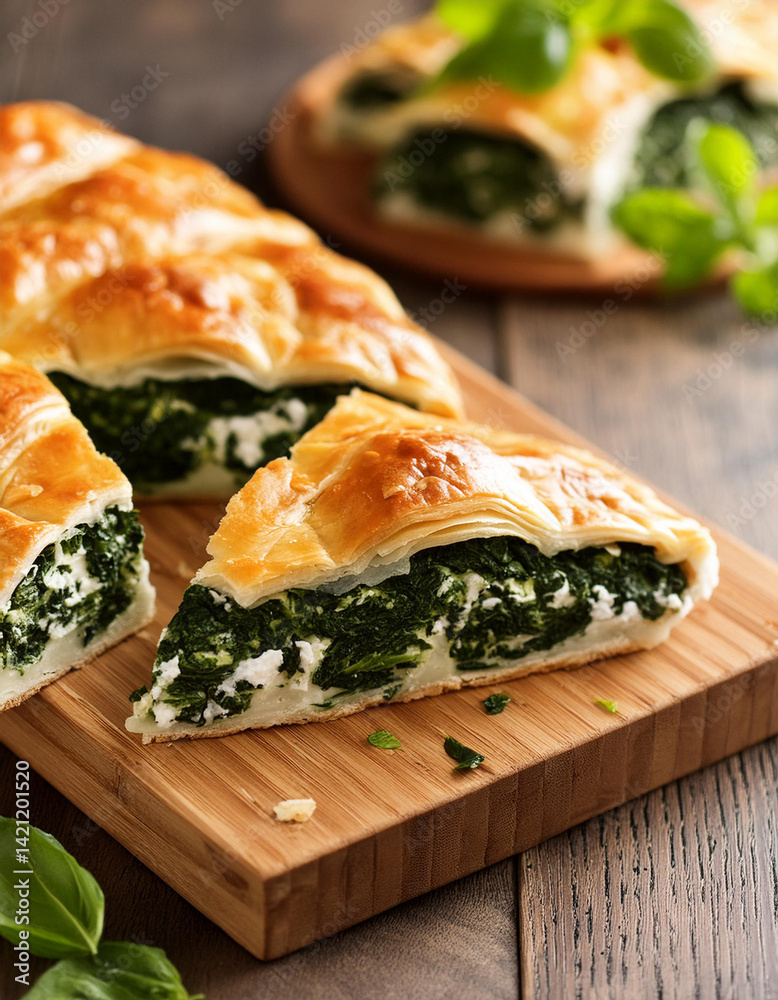 Spinach and feta cheese pie on wooden board. Tasty spanakopita, home bakery. Delicious greek food