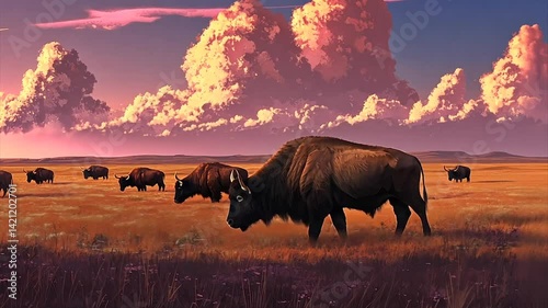 Buffalo herd grazing at sunset.  Vast prairie landscape,  dramatic clouds