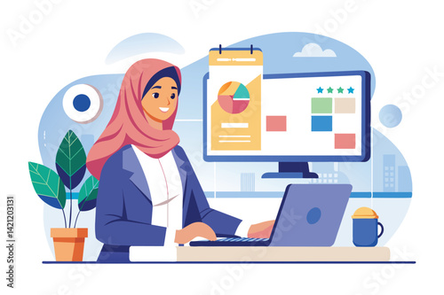 Illustration of a businesswoman in a hijab working on a laptop, analyzing data charts in an office setting. Concept of professional women in tech.