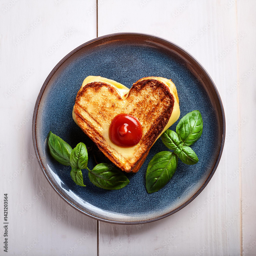 Heart-shaped grilled cheese sandwich on ceramic plate with tomato ketchup and basil. Tasty top view