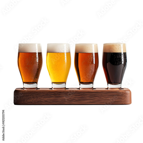 Four Types of Beer in Tasting Glasses on Wooden Tray on white background
