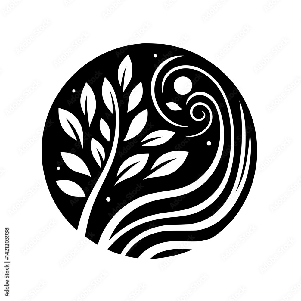 Minimalist Nature Icon: Tree and Waves in Circle