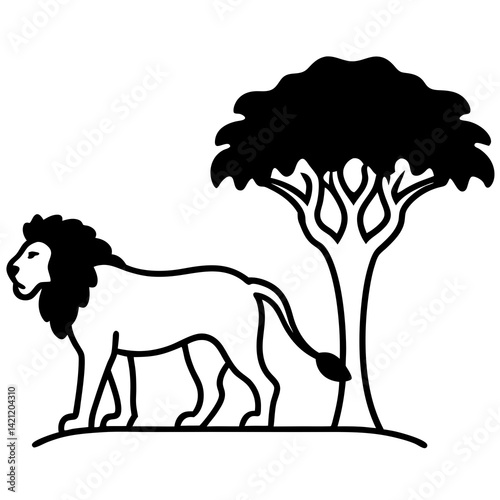 Lion And Savanna Tree Silhouette