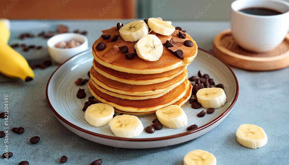Tasty pancakes with banana and chocolate chips. Delicious breakfast, sweet dessert. Home baked meal