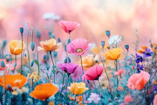 Fototapeta Naklejka Na Ścianę i Meble -  A vibrant field of colorful poppies and wildflowers blooming in the soft, dreamy light of a summer afternoon, showcasing a pastel palette.
