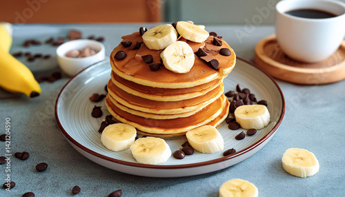 Obraz na płótnie Tasty pancakes with banana and chocolate chips. Delicious breakfast, sweet dessert. Home baked meal w salonie