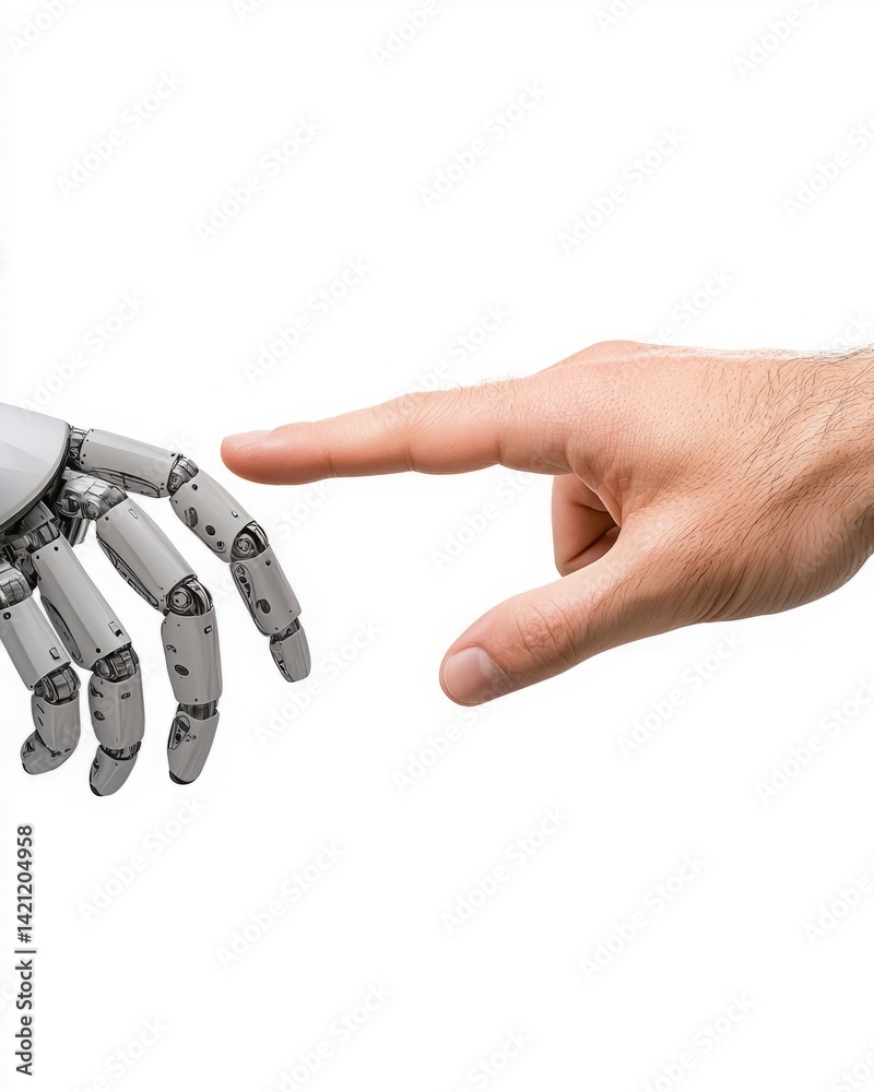 Fototapeta premium Finger touch position human. A human hand gently reaches out to touch a robotic hand, symbolizing the connection between humans and technology.