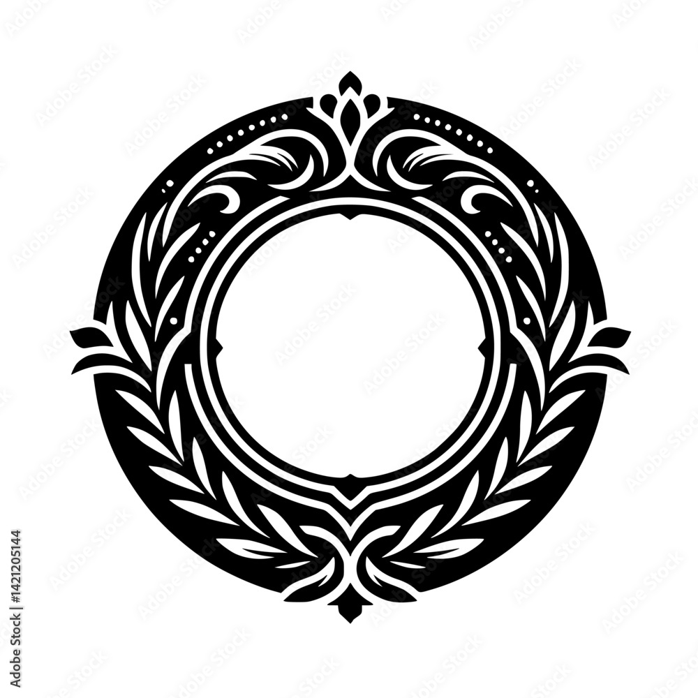 Elegant Black & White Circular Laurel Frame, Monogram Design Elegant Black & White Circular Laurel Frame, Monogram Design