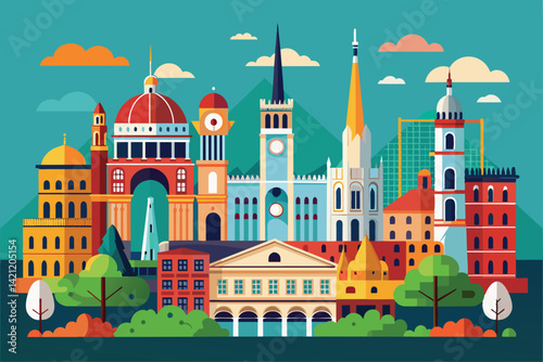 Vibrant illustration of a city skyline featuring iconic and diverse architectural landmarks with a modern, abstract style in bold colors.