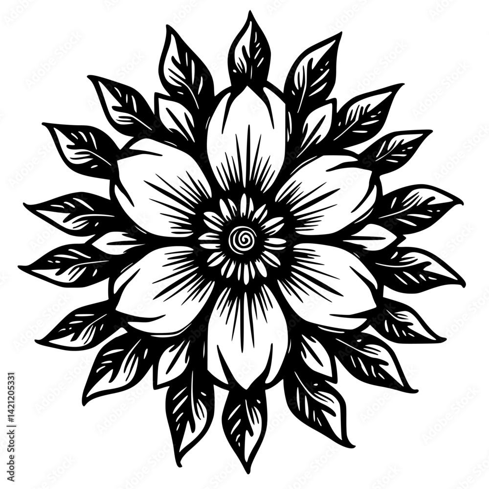 Fototapeta premium Black and White Mandala Flower Illustration - Botanical Design