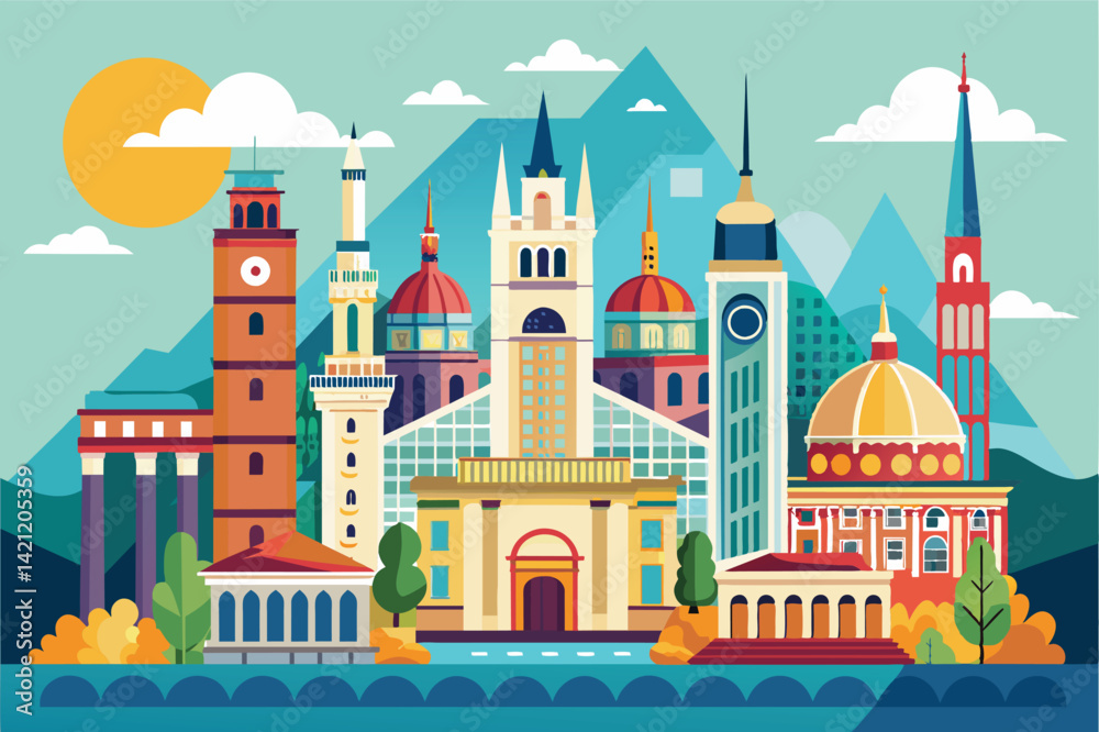 Naklejka premium Vibrant illustration showcasing a collection of iconic city buildings and architectural landmarks in a colorful style. Perfect for travel, culture, and urban design themes.