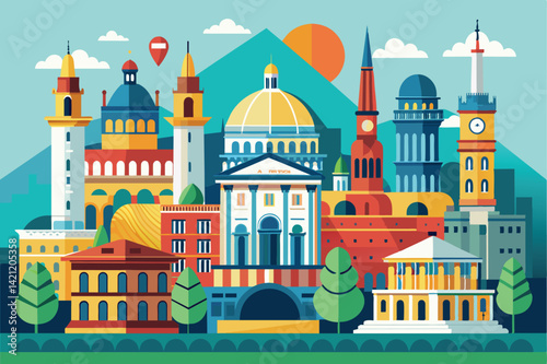 Stylized illustration of a vibrant cityscape featuring colorful geometric buildings with diverse architectural styles, set against a mountain backdrop and bright sky.
