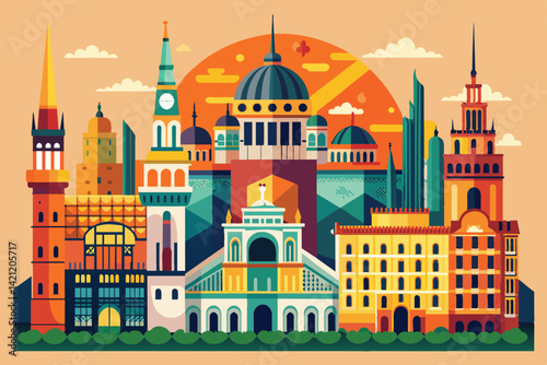 Colorful abstract illustration depicting a city skyline with various iconic architectural styles and landmarks during a sunset. Perfect for designs needing a lively urban theme.
