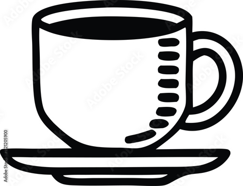 A vector illustration shows an isolated white ceramic coffee cup, a hot black beverage, likely espresso or cappuccino, a drink often enjoyed at breakfast or in a cafe