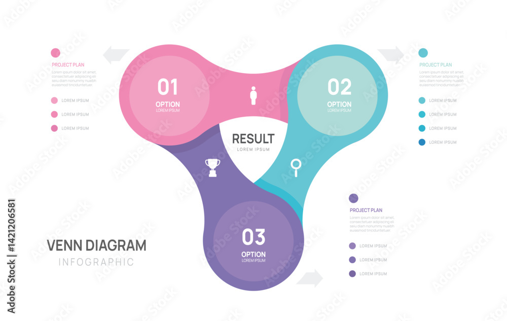 Venn diagram infographic geometric chart template for business start up presentation 3 steps.