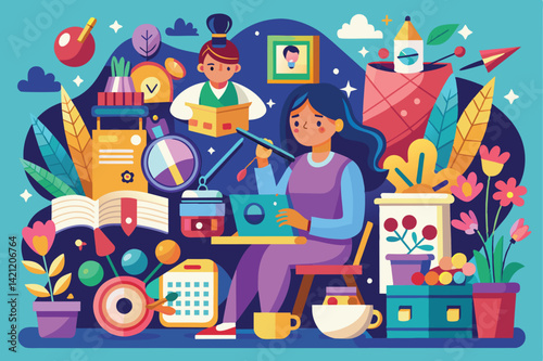 Colorful illustration of a woman working in a vibrant and creative workspace, surrounded by various artistic and decorative elements. Perfect for themes of creativity, imagination, and productivity.