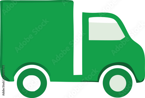 A green delivery van, truck, and lorry cartoon illustration shows eco cargo transport with a cardboard box