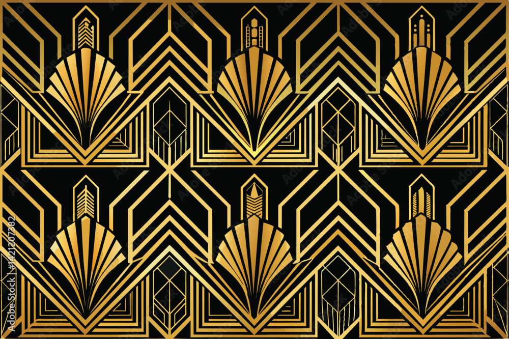 Luxurious Art Deco design featuring gold geometric shapes on a black background, perfect for vintage and modern projects. This classic pattern evokes opulence and sophistication.